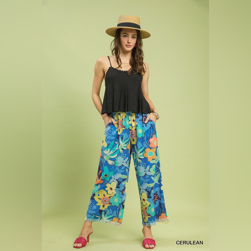 Umgee Floral Wide Leg Pants 💙 Cerulean | Boho Linen Blend | Flowy Summer Pants